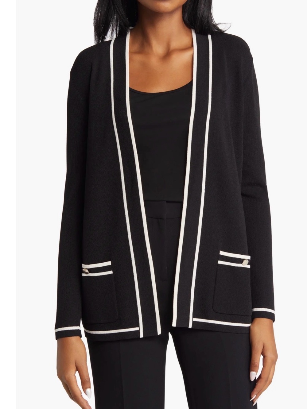Adrianna Papell Tipped Black Open-Front Cardigan with Cream Trim